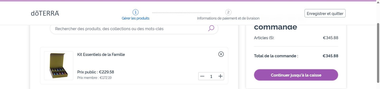 Panier dōTERRA avec les produits déjà ajoutés
